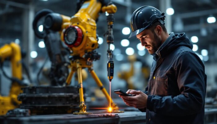 A photograph of a skilled technician using a laser height gauge in an industrial setting