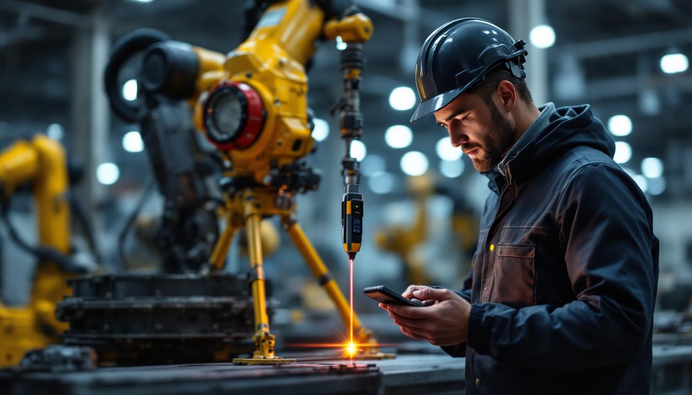 A photograph of a skilled technician using a laser height gauge in an industrial setting