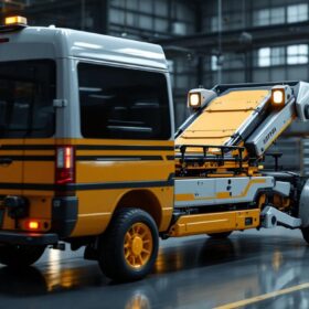 A photograph of a used stretcher van in an industrial setting