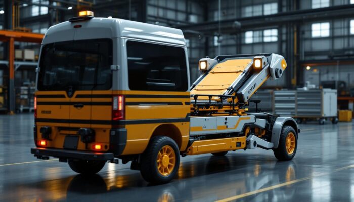 A photograph of a used stretcher van in an industrial setting