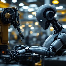 A photograph of a sleek industrial robot in action within a factory setting