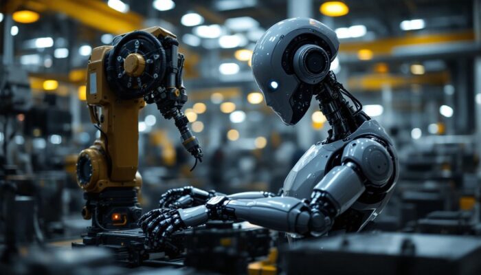 A photograph of a sleek industrial robot in action within a factory setting