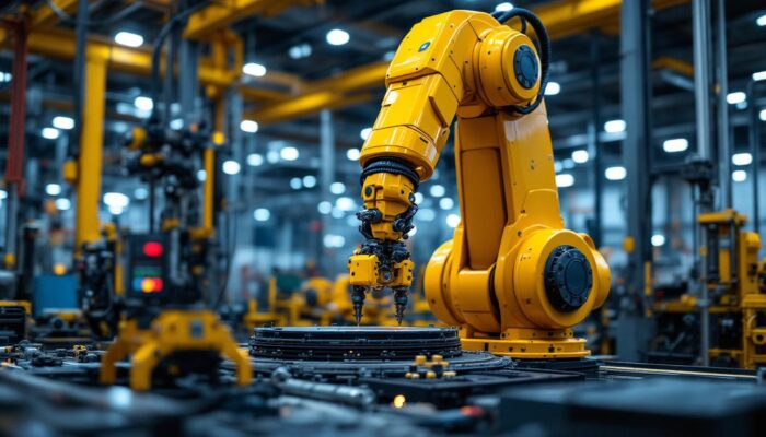 A photograph of a large industrial robotic arm in action