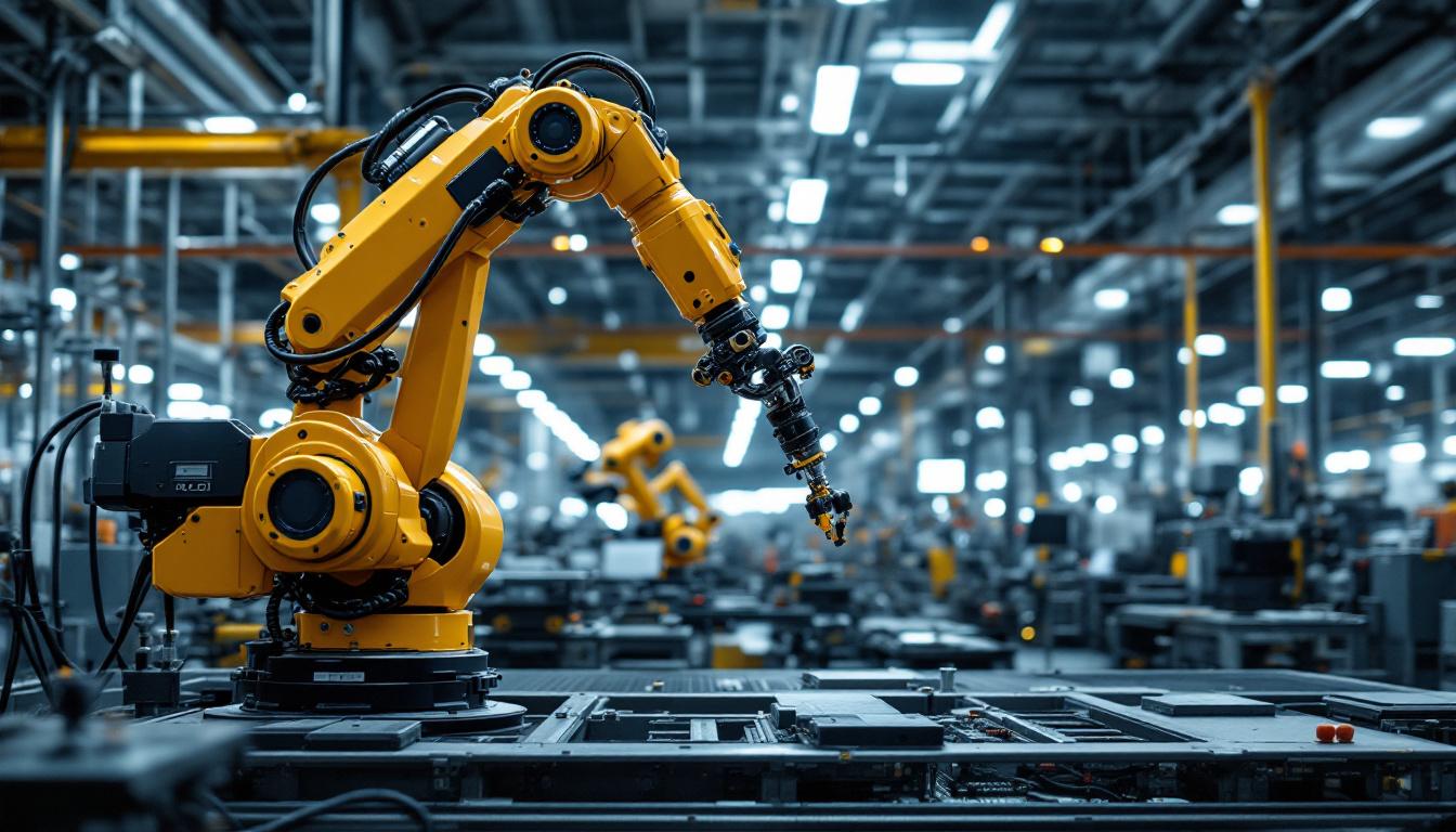 A photograph of a modern industrial robotic arm in action within a sleek