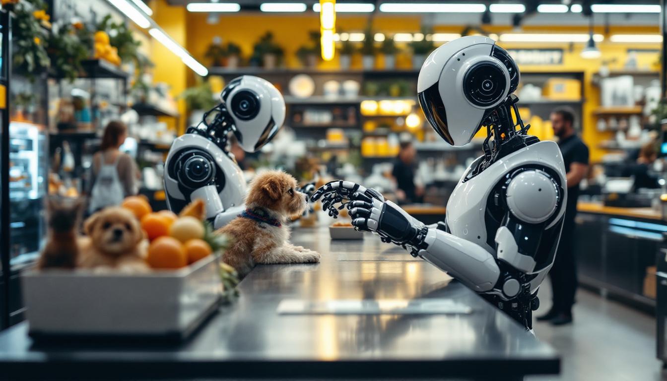 A photograph of a modern pet store in boston featuring industrial robots in action