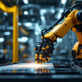 A photograph of a sleek industrial robotic arm in action
