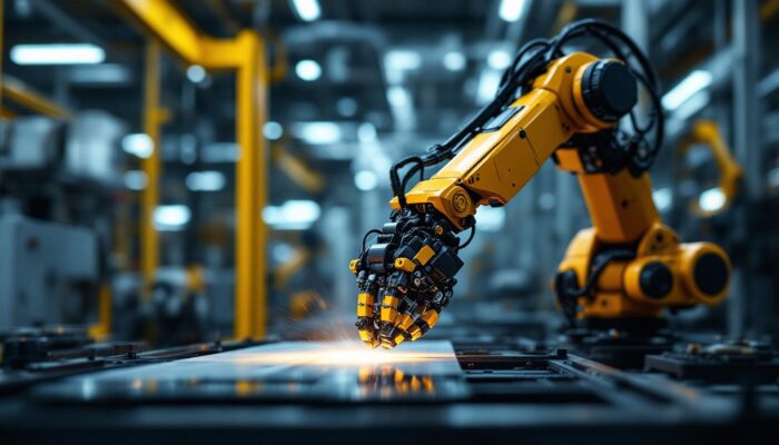 A photograph of a sleek industrial robotic arm in action