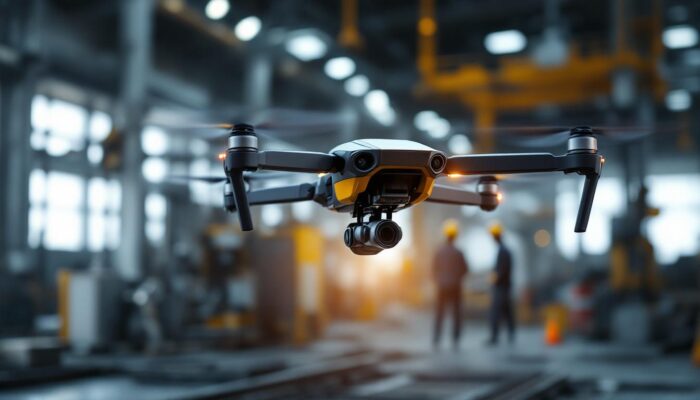 A photograph of a sleek industrial drone in action