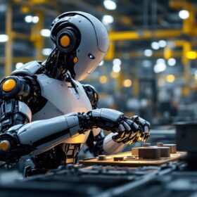 A photograph of a sleek industrial robot in action within a modern manufacturing environment