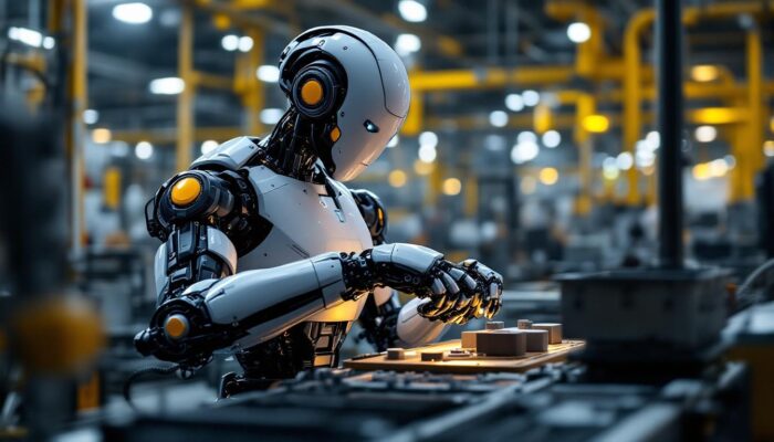 A photograph of a sleek industrial robot in action within a modern manufacturing environment