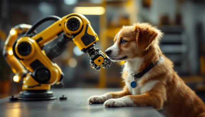 A photograph of a friendly dog interacting playfully with an industrial robotic arm in a modern setting