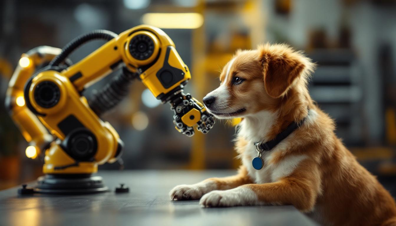 A photograph of a friendly dog interacting playfully with an industrial robotic arm in a modern setting