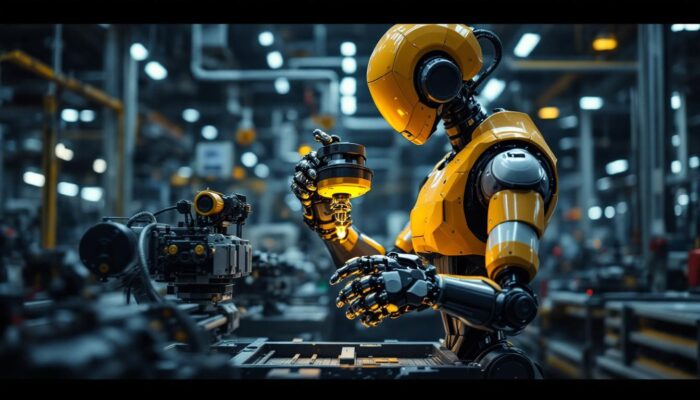 A photograph of a modern industrial robot in action within a manufacturing environment