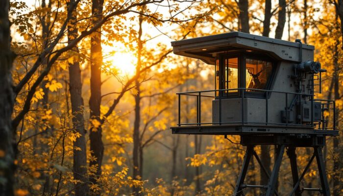 A photograph of capture a photograph of a well-designed deer stand window kit installed in a natural hunting environment