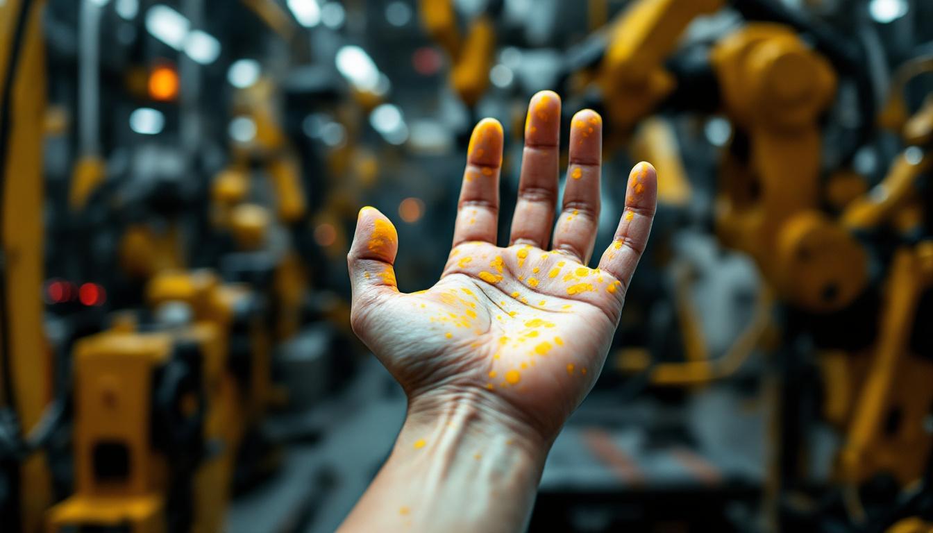 A photograph of a close-up of a hand with yellow spots
