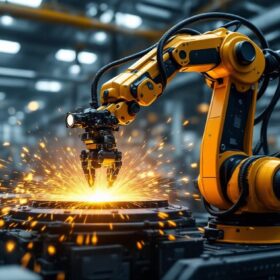 A photograph of a sleek industrial robotic arm in action
