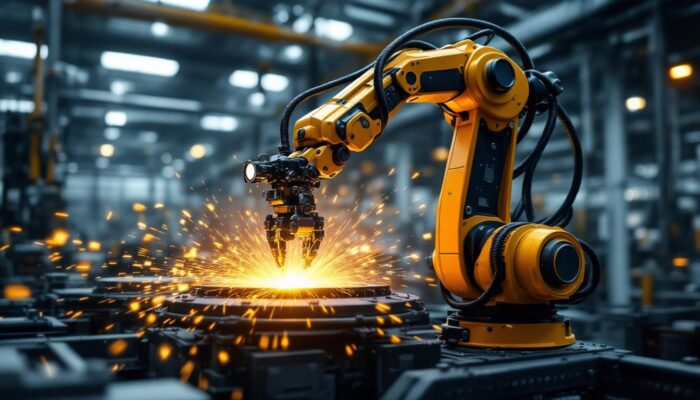 A photograph of a sleek industrial robotic arm in action