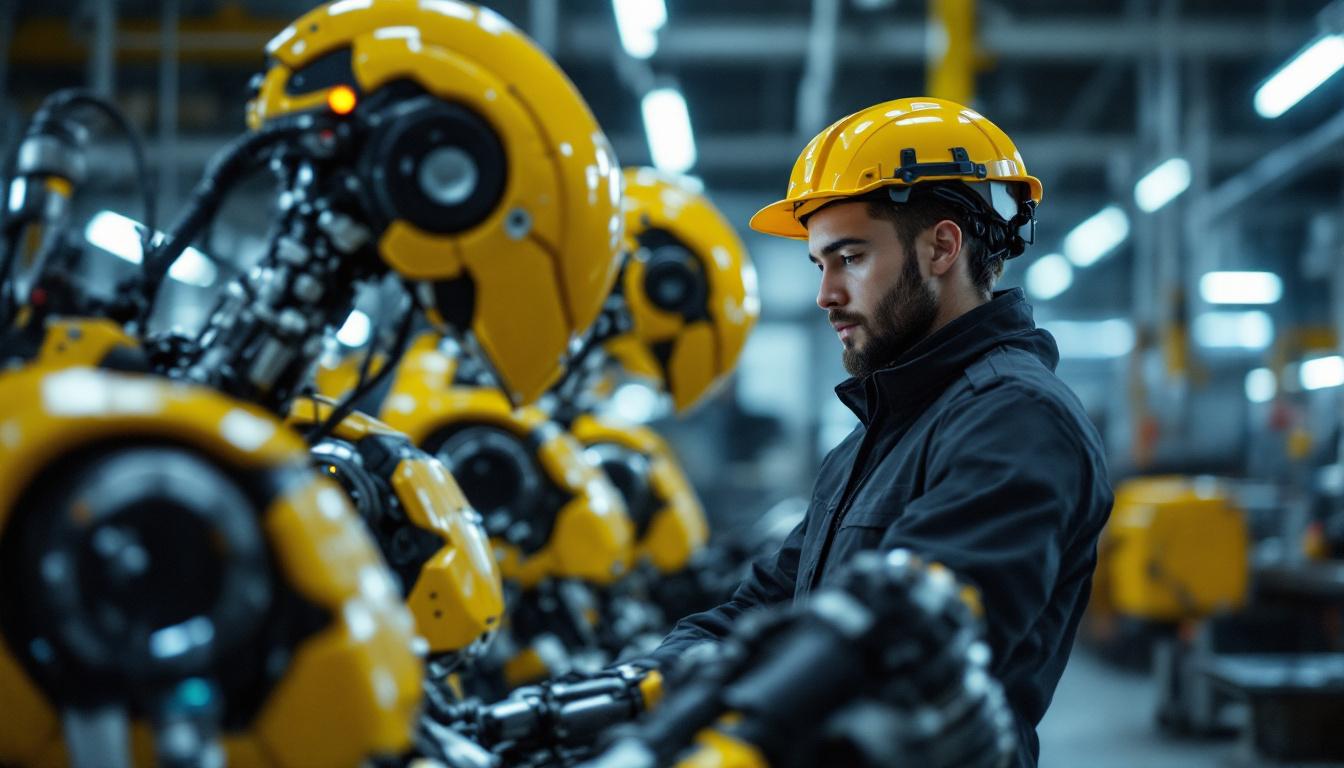 A photograph of a young aerospace engineer intern working alongside industrial robots in a high-tech laboratory