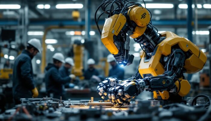 A photograph of a dynamic industrial robot in action within a manufacturing setting