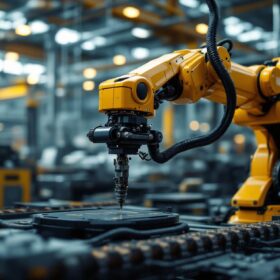 A photograph of a modern industrial robotic arm in action within a manufacturing setting