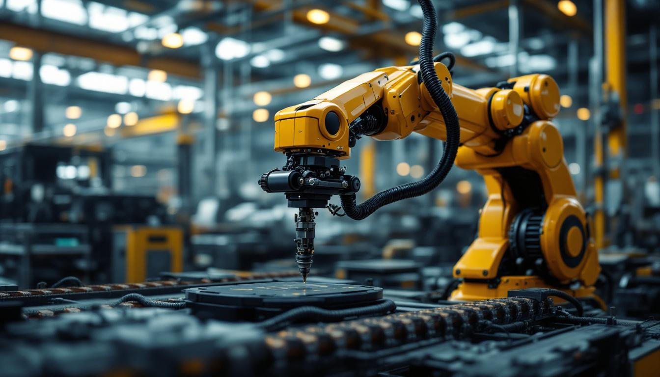 A photograph of a modern industrial robotic arm in action within a manufacturing setting