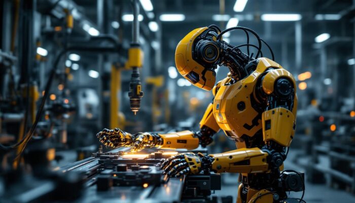 A photograph of a sleek industrial robot in action within a manufacturing environment
