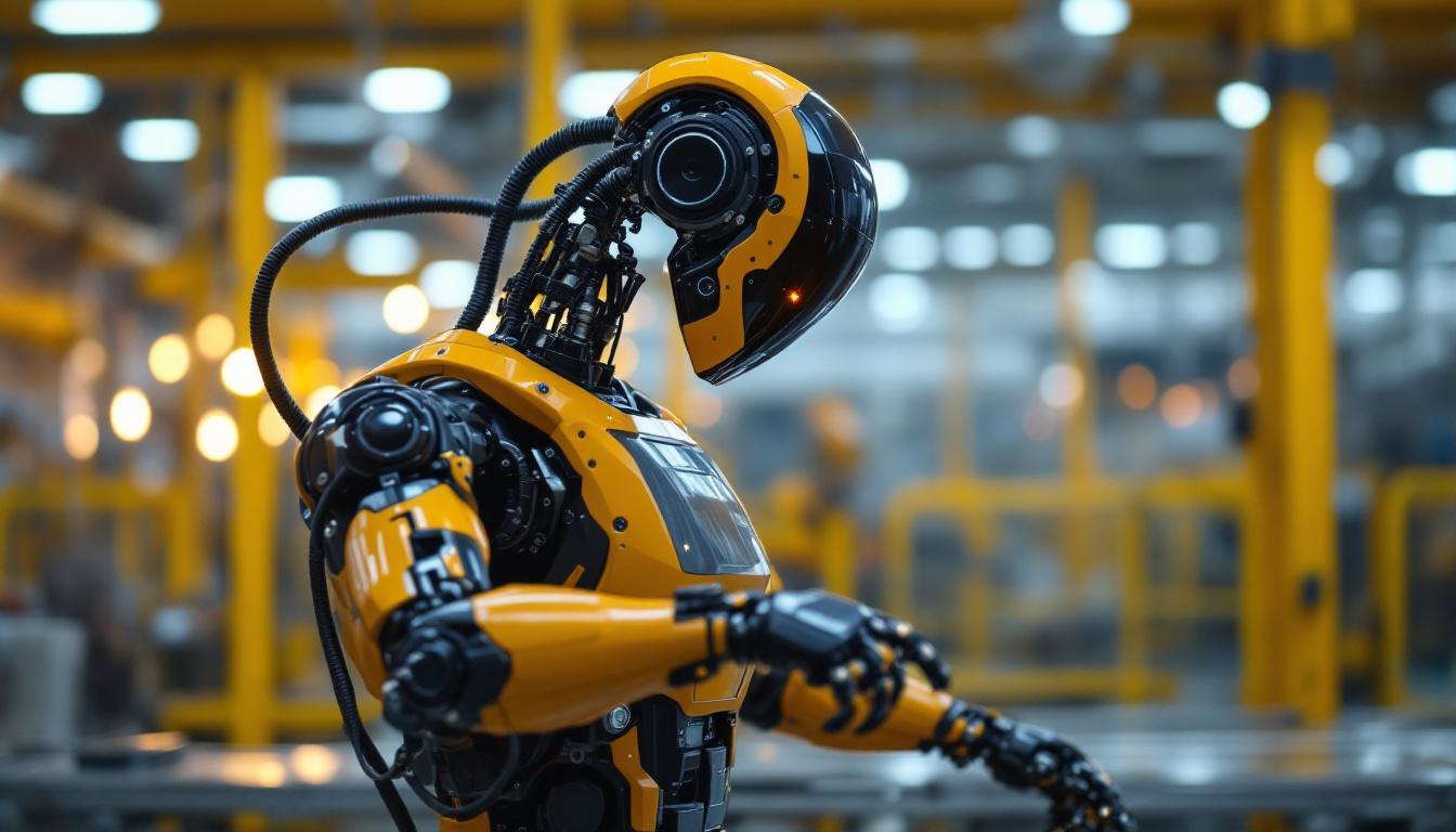 A photograph of a sleek industrial robot in action within a modern manufacturing facility