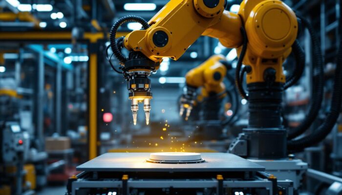 A photograph of a dynamic industrial robotic arm in action