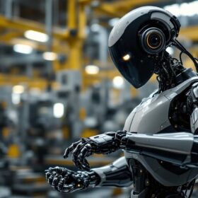 A photograph of a sleek industrial robot in action within a manufacturing environment