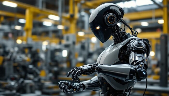 A photograph of a sleek industrial robot in action within a manufacturing environment