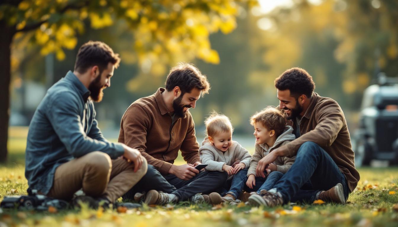 A photograph of a diverse group of fathers engaging in quality time with their children in a park setting