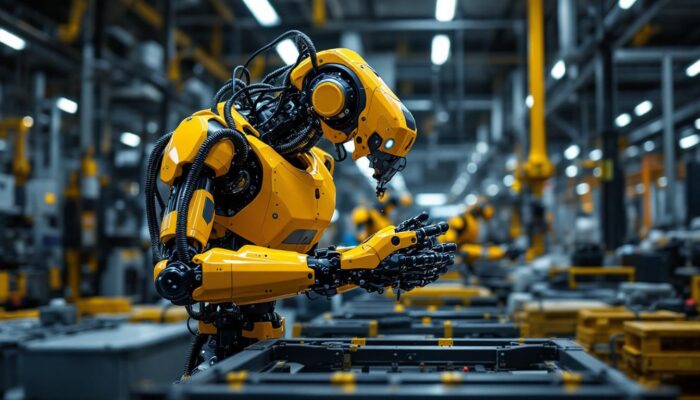 A photograph of a modern industrial robot in action on a factory floor