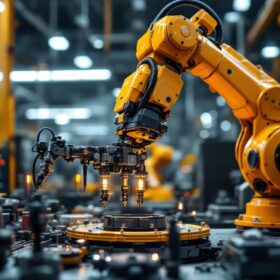 A photograph of a dynamic industrial robotic arm in action