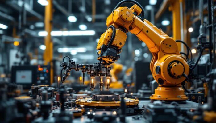 A photograph of a dynamic industrial robotic arm in action