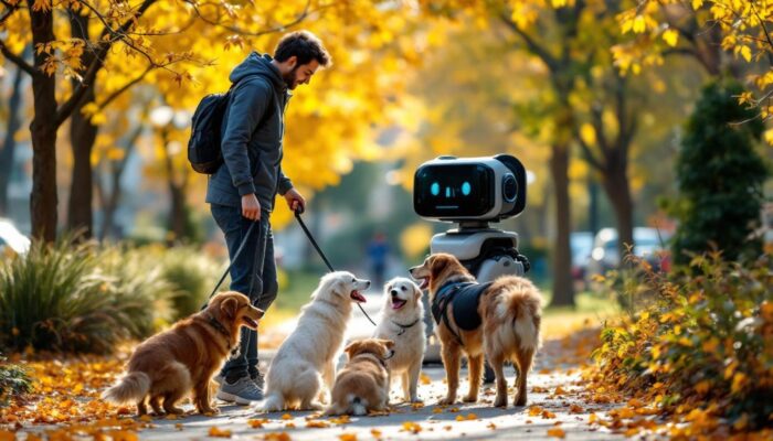 A photograph of a professional dog walker interacting with a group of dogs in a vibrant urban park