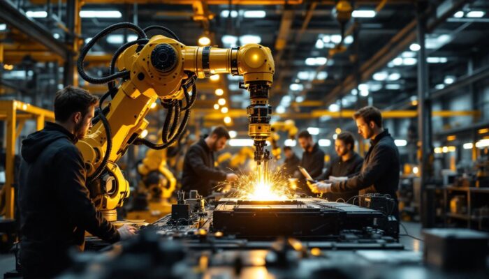 A photograph of a dynamic industrial robotic arm in action within a modern manufacturing environment