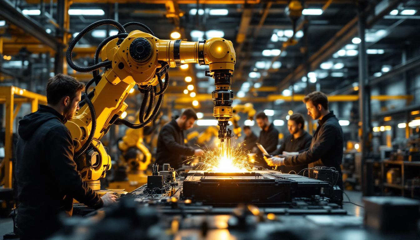 A photograph of a dynamic industrial robotic arm in action within a modern manufacturing environment