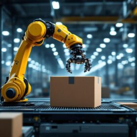 A photograph of a sleek industrial robotic arm in action