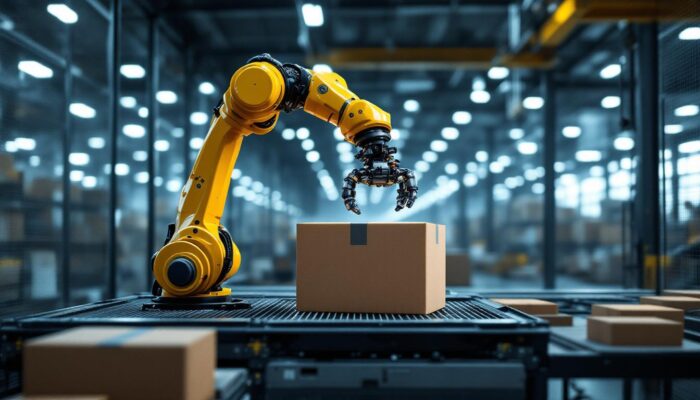 A photograph of a sleek industrial robotic arm in action