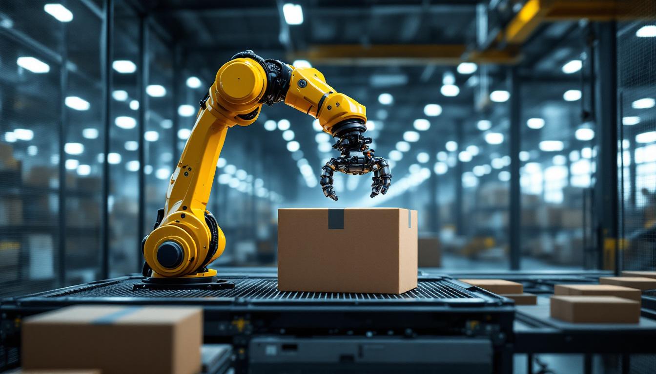 A photograph of a sleek industrial robotic arm in action