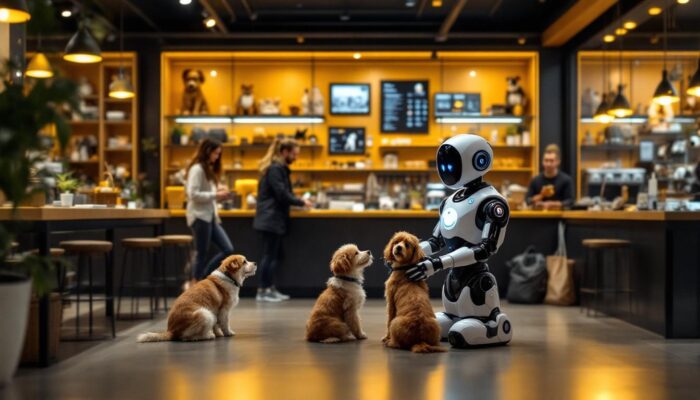 A photograph of a modern dog sale store featuring a friendly robotic assistant interacting with customers and dogs