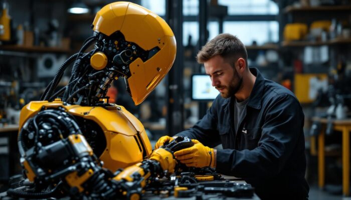 A photograph of a skilled mechanic performing a hands-on repair on an industrial robot in a home workshop setting