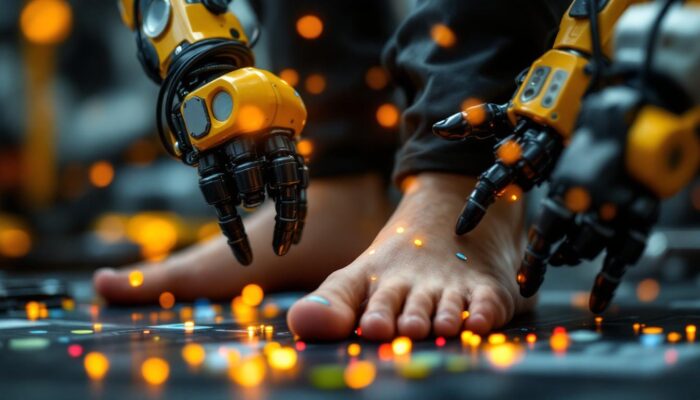 A photograph of a pair of industrial robotic arms delicately maneuvering small