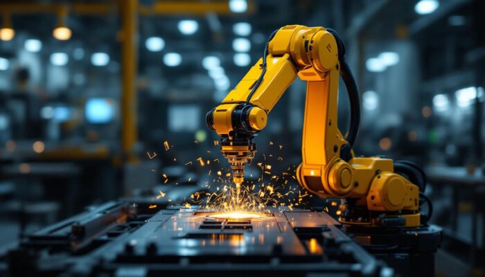 A photograph of a sleek industrial robotic arm in action