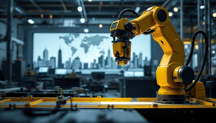 A photograph of capture a photograph of an industrial robot in action within a manufacturing facility