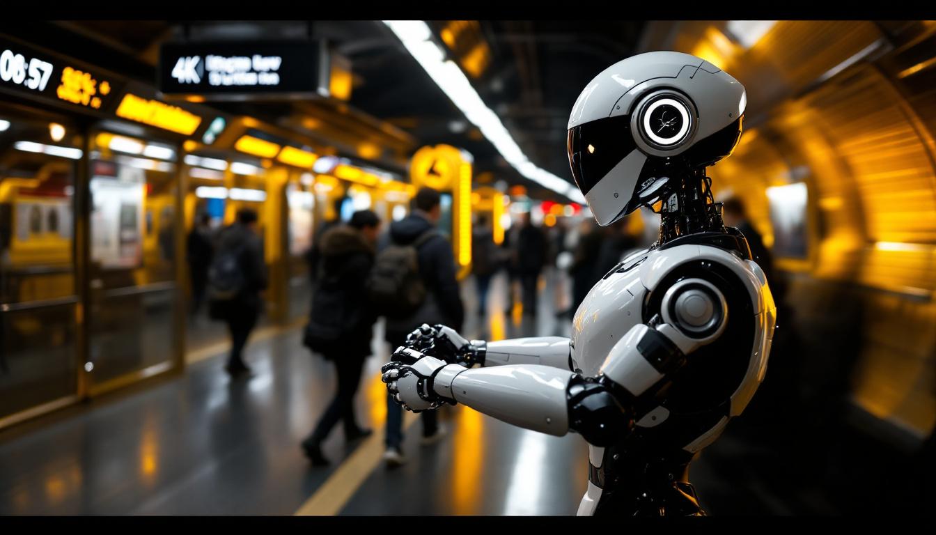 A photograph of a sleek industrial robot navigating the bustling environment of a new york city subway station