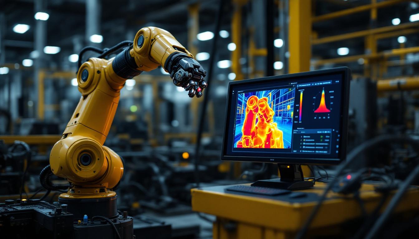 A photograph of a robotic arm equipped with a thermal camera in an industrial setting
