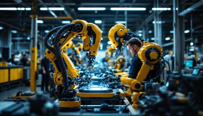 A photograph of a state-of-the-art industrial robot in action within a manufacturing facility