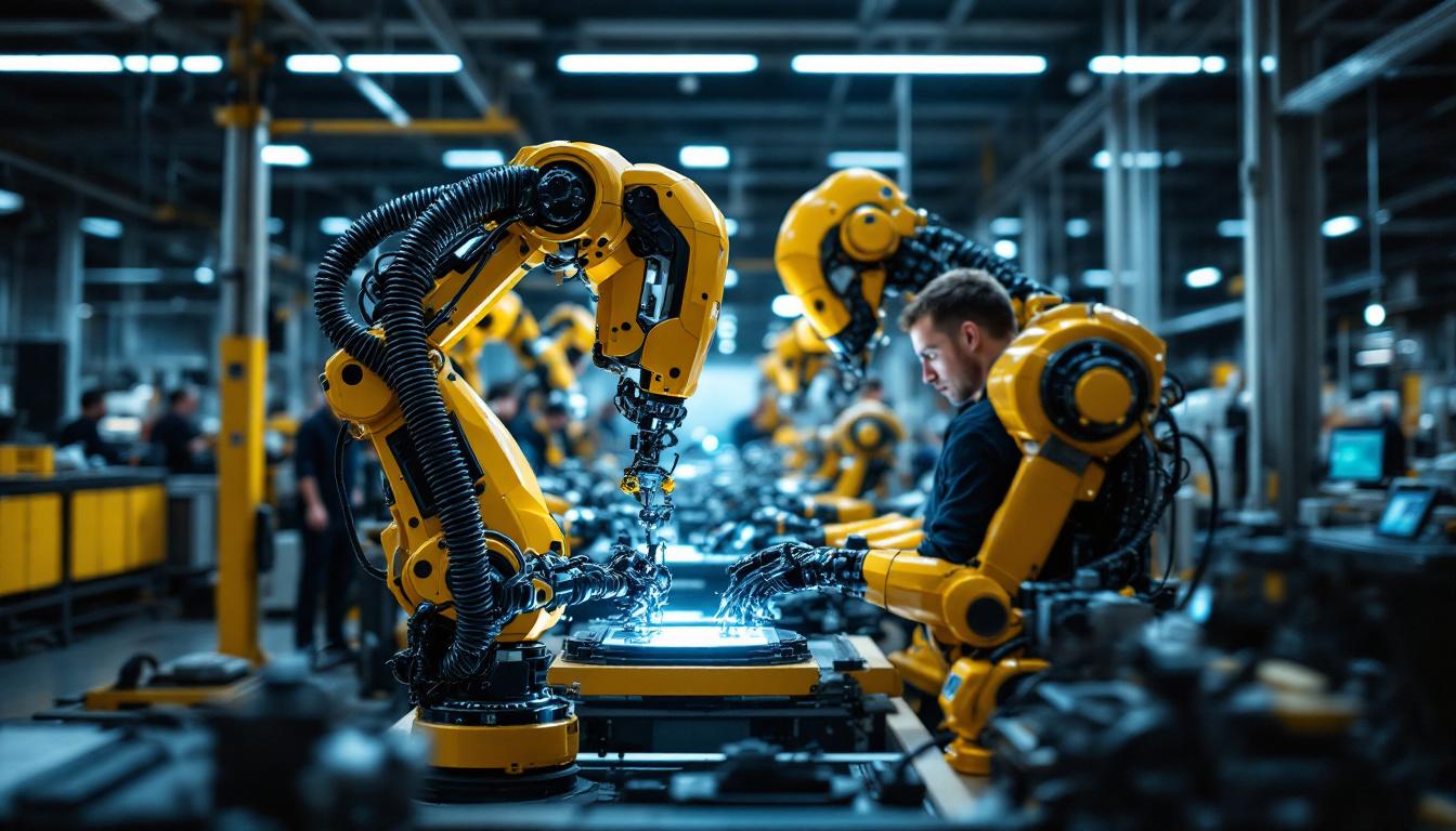 A photograph of a state-of-the-art industrial robot in action within a manufacturing facility