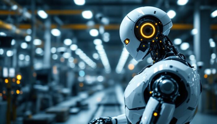 A photograph of a sleek industrial robot in action within a modern manufacturing facility